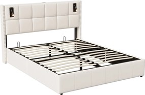 Łóżko tapicerowane 160x200cm z podstawą z listew i lampkami do czytania, łóżko z pojemnikiem, łóżko podwójne, aksamit, beżowe