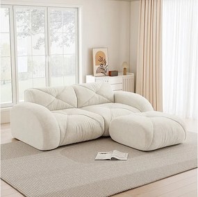 Canapé 2 places d'angle modulable en tissu chenille, avec pouf, 204x171x76cm, Blanc