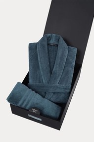 Męski szlafrok PREMIUM w opakowaniu prezentowym z ręcznikiem S + ręcznik 50x100cm + pudełko Niebieski