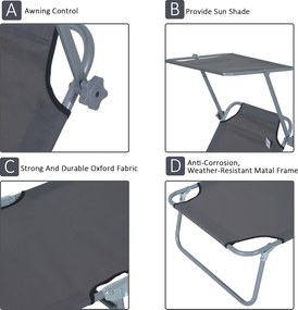 Outsunny leżak ogrodowy składany z daszkiem przeciwsłonecznym leżak plażowy szary 187x58x36 cm | Aosom PL