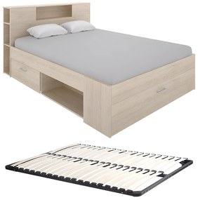 Łóżko ze skrzynią i szufladami - 160 x 200 cm - Kolor: Natural + Stelaż - LEANDRE
