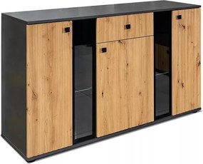 Komoda trzydrzwiowa Kaja z lamelami i szufladą 140 cm - dąb artisan / matera
