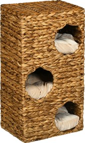 PawHut Drapak dla Kota z Wieżą, 3 Poziomy, Zdejmowane Poduszki, Otwory Drzwiowe, Hiacynt Wodny, Jasnobrązowy