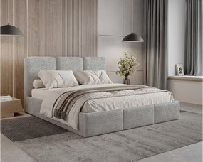 Łóżko tapicerowane 140x200 Elora boucle – łóżko z pojemnikiem na pościel i stelażem listwowym, tkanina boucle – Jasnoszary