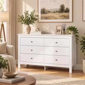 HOMCOM Komoda z 6 szufladami, sideboard z łatwojezdnymi prowadnicami do sypialni, salonu lub przedpokoju, 118 x 39,5 x 75,5 cm, biały | Aosom PL
