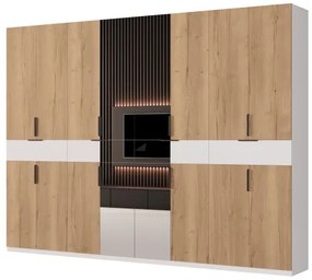 Duża szafa garderobiana z lustrem 360 x 240 cm – Biała / Dąb Halifax