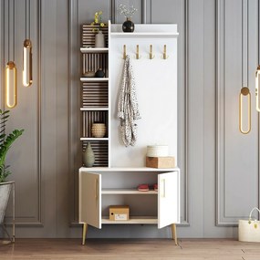 Wieszak z szafką na buty i półkami Viyana White and Gold