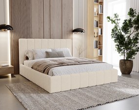 BESILIO Sypialnia łóżko slim 160x200 Lexy - stelaż metalowy, pojemnik na pościel, slim łóżko, tkanina boucle - Kremowy