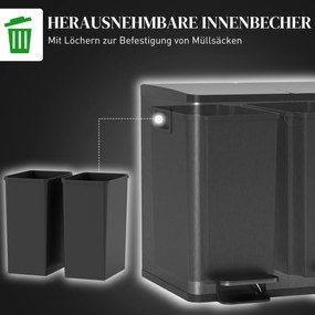 HOMCOM Podwójny kosz 2 x 15 l z pedałem — stal nierdzewna, łatwy w czyszczeniu, czarny