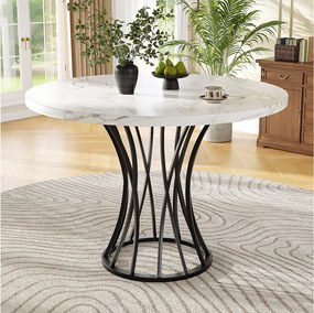 Okrągły stół jadalny dla 4-6 osób - D 80 x W 76 cm - Blat z płyty MDF marmurkowy i nogi metalowe - Biały + czarny