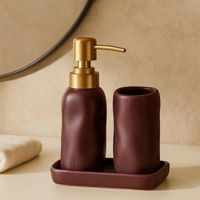 Zestaw łazienkowy EON, ceramiczny dozownik ze złotą pompką, kubek i taca