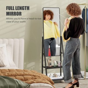 HOMCOM Mobilne Lustro Pełnej Długości z 2 Półkami i 4 Kołami, do Sypialni, Salonu, Przedpokoju, Czarny