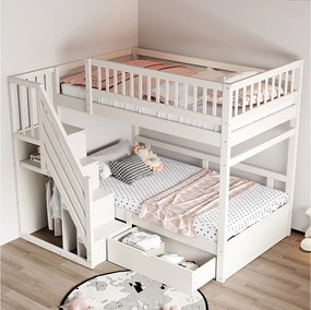 Łóżko piętrowe dla dzieci - 2 x 90 x 200 cm - z 1 szufladą + schowkiem schodowym - drewno + płyta MDF - białe