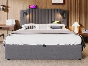 Łóżko z pojemnikiem 180x200cm z tkaniny bawełnianej - z lampkami do czytania i portami ładowania USB - z stelażem na listwach - Szare
