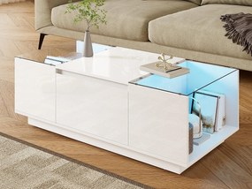 Nowoczesna stolik kawowy 105×50×35 cm - szklany blat - z oświetleniem LED - 2 szuflady - otwarte półki - biały