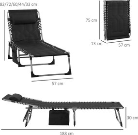 Outsunny leżak z regulowanym oparciem i miękką poduszką, kolor czarny, 188 x 57 x 30 cm