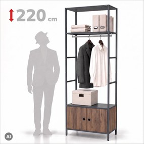 Regał biurowy otwarty z drążkiem na ubrania, do recepcji i poczekalni, metalowy, antracytowy/orzech, 800x2200x400 mm: ARIEL Eco Design