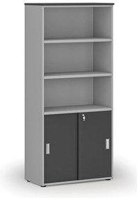Szafa biurowa kombinowana PRIMO GRAY, drzwi przesuwne na 2 poziomach, 800 x 420 x 1781 mm, szary/grafit