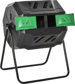 Outsunny Pojemnik na Kompost z 2 Przegrodami Obrotowy 160L Zielony Czarny 71x65x96cm | Aosom PL