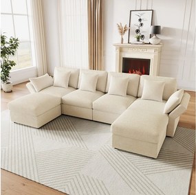 Narożnik U-kształtny 6-osobowy - 290 x 159,5 x 89 cm - z regulowanymi podłokietnikami + wyjmowany puf - aksamit - beżowy