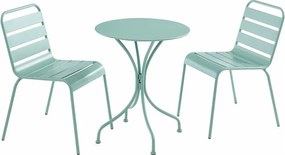Jadalnia ogrodowa z metalu – składany stół o śr. 60 cm i 2 sztaplowane krzesła – kolor zielony migdał - MIRMANDE