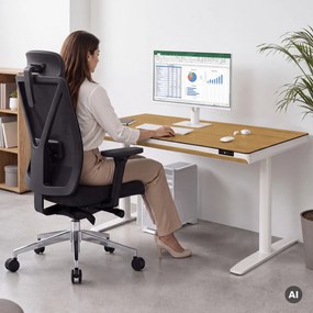 Biurko elektryczne sit-stand z szufladą i ładowarką bezprzewodową Qi białe/złoty dąb, 1400 mm: ELLIS