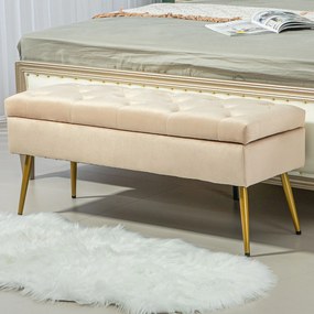 HOMCOM Ławka z miejscem do przechowywania w wyglądzie aksamitu, pikowany podnóżek z tapicerowaną ławką, rama metalowa, 102 x 35 x 43 cm, Beżowy