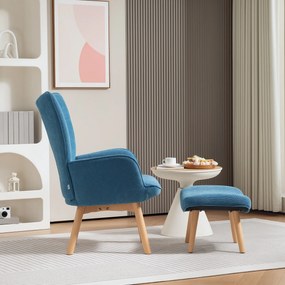 HOMCOM Akcentowy Fotel z Podnóżkiem, Fotel Relaksacyjny w Wyglądzie Sztruksu, Fotel z Podłokietnikami i Drewnianymi Nogami, do Salonu, Niebieski