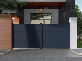 Brama wjazdowa rozwierna NAZARIO, pełna, z aluminium w kolorze antracytowym – 392 × 173 cm (szer. × wys.)