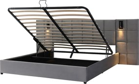 Łóżko tapicerowane z hydraulicznym schowkiem - 160 x 200 cm - z lampką + portem USB - zagłówek wyściełany - aksamit - szary