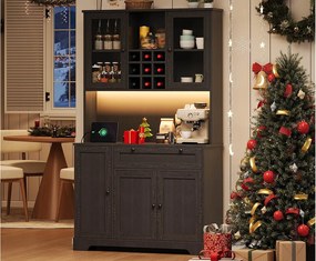 Nowoczesny kredens kuchenny 100x40x180cm - z gniazdkiem i LED - z 1 szufladą i 5 drzwiami - z półką na przyprawy - Czarny