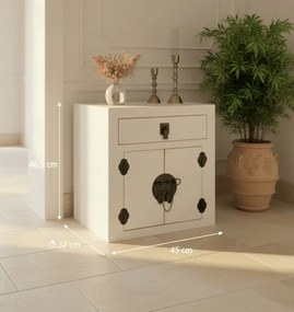 Komoda, stolik nocny, metalowe okucia, styl azjatycki, biały.