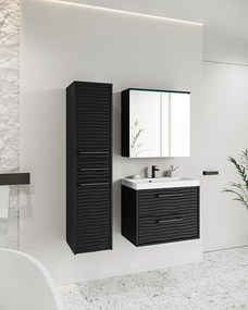 Nowoczesne meble łazienkowe z LED, zestaw wiszący z umywalką, lustrem i słupkiem, fronty MDF fala czarny mat