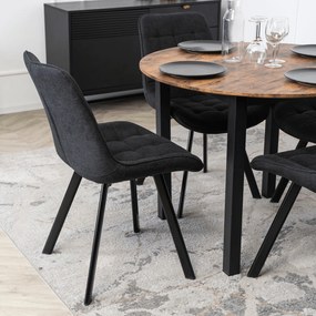 Zestaw Stół Okrągły TEO 100 cm Dąb Rustykalny/Czarny i 4 Krzesła Tapicerowane RICK 2 Czarne Nowoczesne Loft