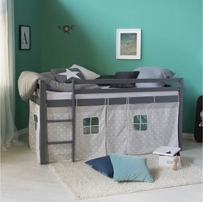 Łóżko dziecięce 90x200 cm szare gwiazdki lite drewno sosnowe zasłona