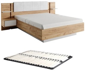 Łóżko z szafkami nocnymi 160 x 200 cm - Z oświetleniem LED - Naturalny i biały + Stelaż - ELYNIA