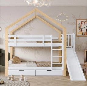 Łóżko piętrowe z pojemnikiem - 2 x 90 x 200 cm - drabinka, zjeżdżalnia i stelaż z listew - naturalny i biały
