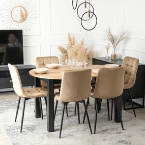 Zestaw Stół Okrągły Rozkładany HARRY 102-142 cm Dąb Artisan/Czarny i 6 Krzeseł Tapicerowanych PERU Beżowych Nowoczesnych