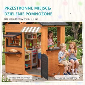 AIYAPLAY Drewniany domek dla dzieci z kuchnią, ławką, okienkami i drzwiami dla dzieci w wieku 3-8 lat, 171,5 x 146 x 156 cm, brązowy | Aosom PL