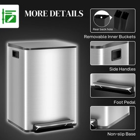 HOMCOM Kosz na śmieci z 2x30 l komorami, pokrywą Soft-Close, stal nierdzewna, srebrny | Aosom PL
