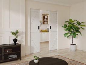 Drzwi przesuwne podwójne chowane w ścianie z drewna i MDF - biały - 2 x wys. 205 x szer. 93 cm - NEFARA