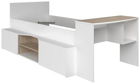 Łóżko piętrowe 90 x 190/200 cm z biurkiem i schowkami - Biały i naturalny + Stelaż + Materac - JOCHIANE