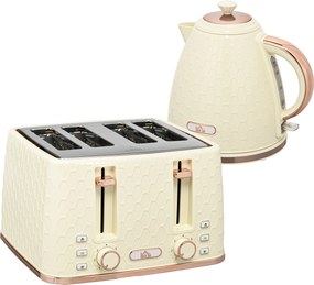 HOMCOM Zestaw do kuchni 2-w-1, Toster i Czajnik, wiele opcji, 1,7 L, 4 kromki jednocześnie, Tworzywo sztuczne, Kolor Beżowy