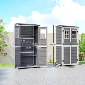 Outsunny Drewniany domek na narzędzia ogrodowe z 2 oknami, kotwami do gruntu, dachem z asfaltu, 91 x 69 x 192 cm, Sosna, Jasnoszary