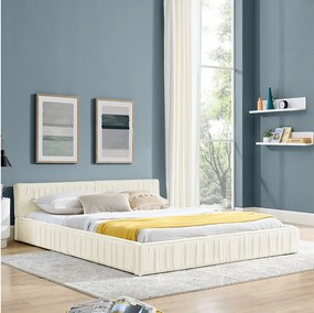 Łóżko podwójne 160×200 cm z miękkiej tkaniny szenilowej, rama z ekologicznego eukaliptusa i metalu, łatwy montaż – beżowe