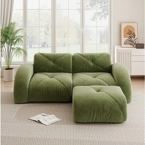 Canapé 2 places d'angle modulable en tissu chenille, avec pouf, 204x171x76cm, Vert