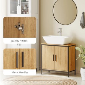HOMCOM szafka pod umywalkę, szafka z 2 drzwiami, regulowana półka, 60x30x60 cm szafka łazienkowa z ramą stalową, do umywalek bez podstawy, Dąb