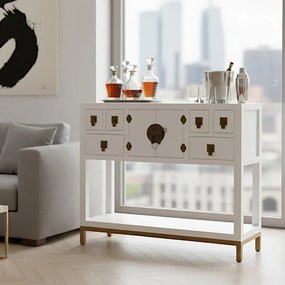 Konsola w stylu azjatyckim, szuflady, półka, metalowe okucia, biały mat
