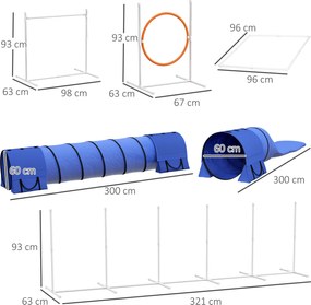 PawHut Zestaw Agility dla Psów, Tor Przeszkód dla Psów, 1 Obwód Skokowy, 2 Tunele, 2 Przeszkody, 321 cm x 63 cm x 93 cm, Niebieski + Czerwony + Biały