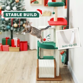 PawHut 135 cm Drapak dla kotów w świątecznych kolorach z łóżkiem dla kota, domkiem, słupkami do drapania, platformami do skakania, zabawkami z piłkami